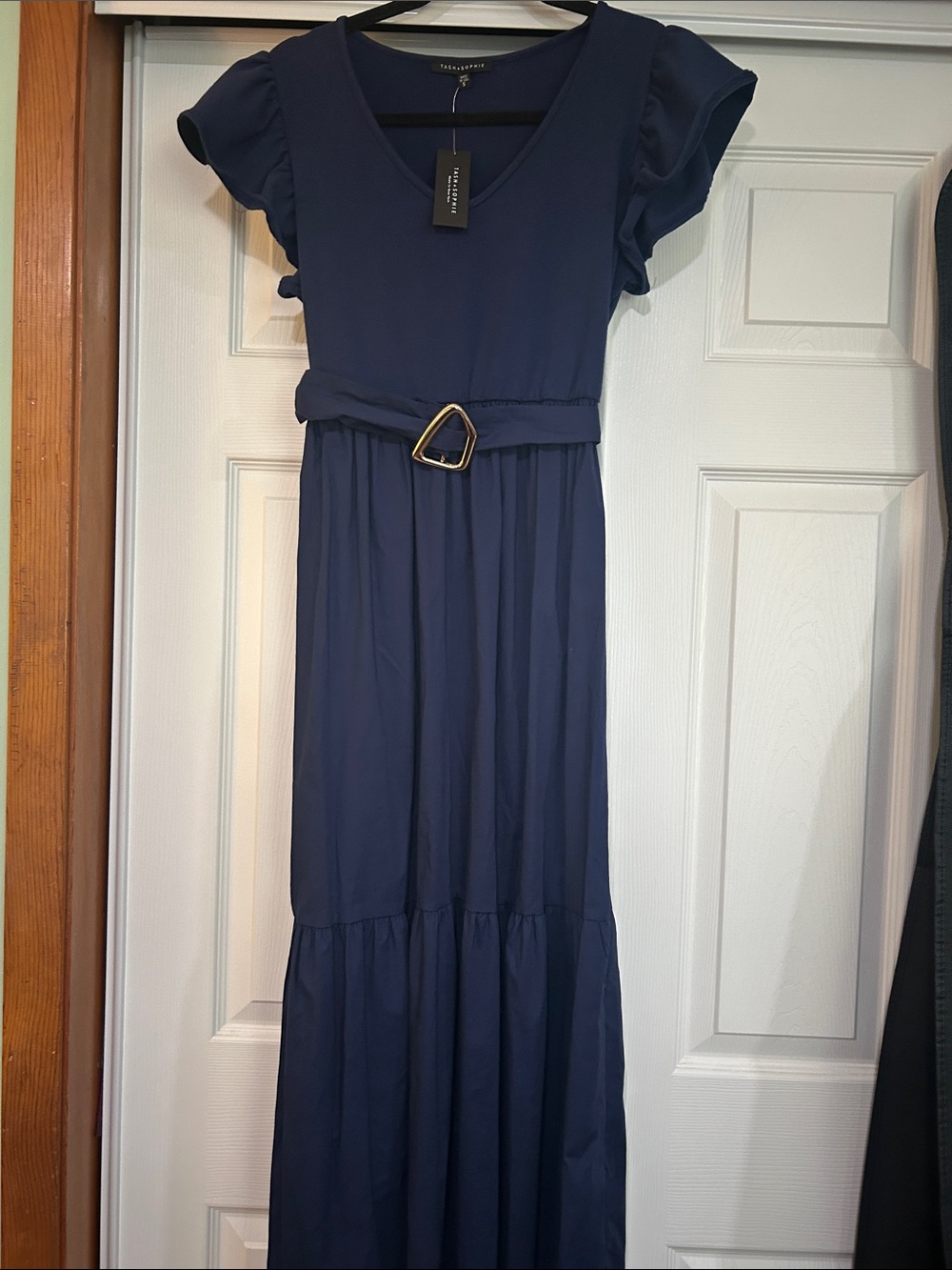 Tash + Sophie Short-Sleeve Tiered V-Neck Maxi Dress in navy Blue